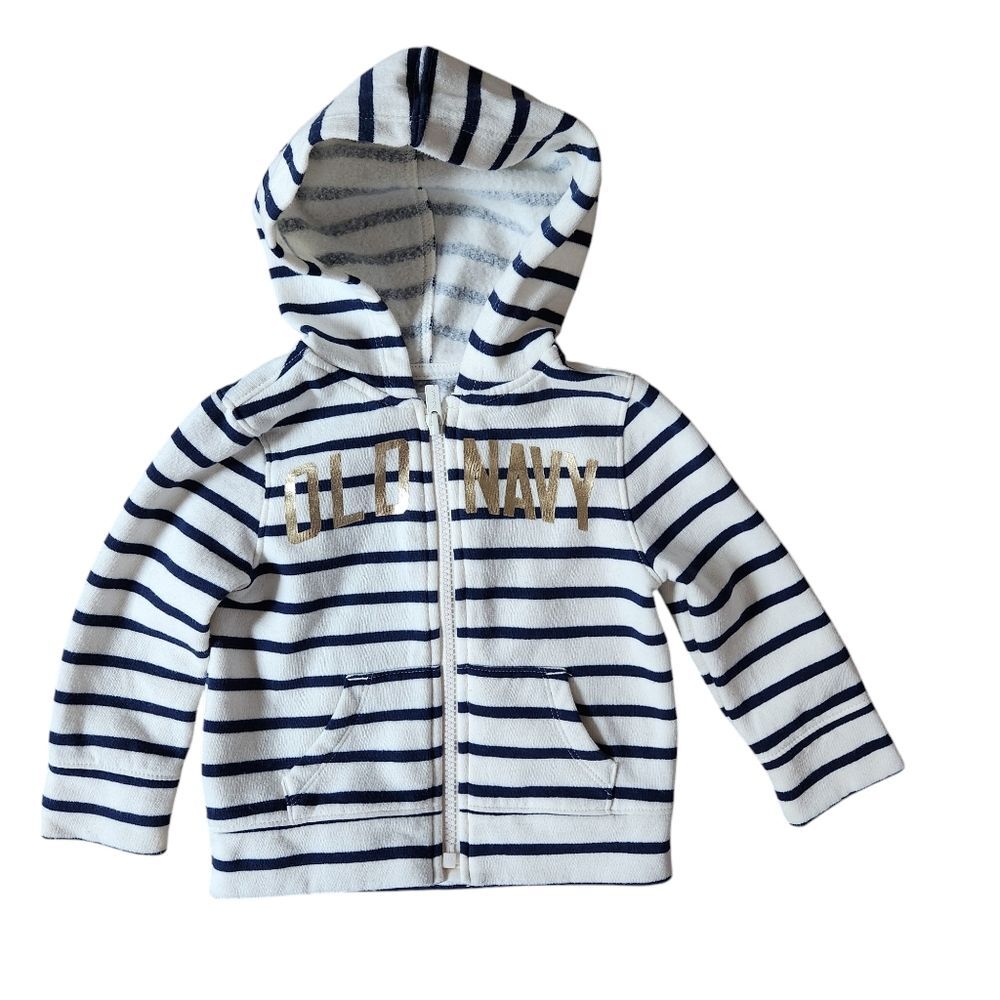 Old Navy Unisex Fleece Striped Logo Hoodie Size 18-24 months Navy/White/Gold